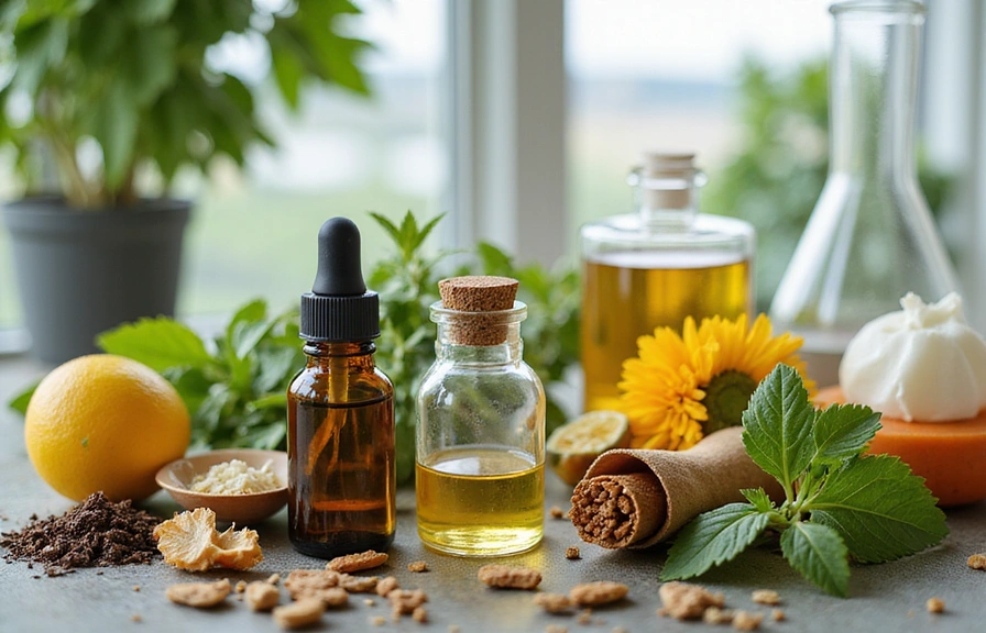 A close-up of various natural ingredients like herbs, essential oils, and fresh botanicals, artfully arranged to symbolize purity and scientific formulation.