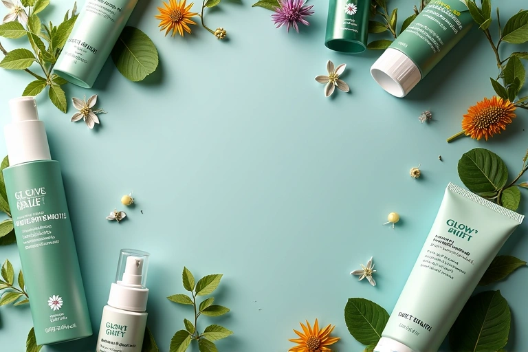 A spread of various natural beauty products from GlowFit, featuring botanical ingredients and elegant packaging