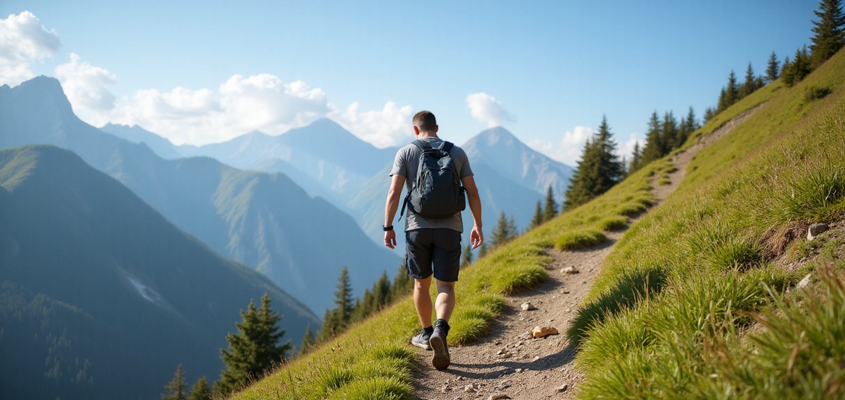 A man hiking on a mountain trail, looking strong and healthy, representing natural vitality and outdoor activity.