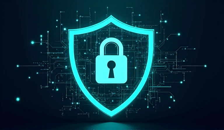 A stylized digital shield icon with a padlock, surrounded by lines of secure code and glowing effects