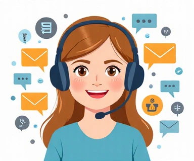 A depiction of a customer support representative answering a call, surrounded by contact icons