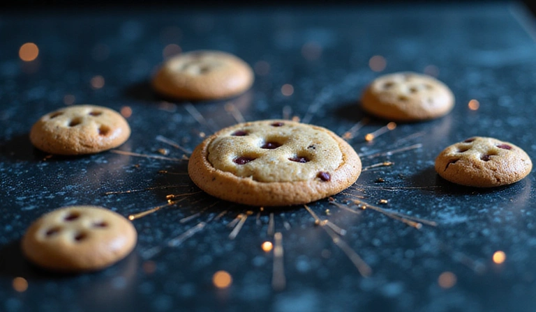 Abstract illustration of cookie icons and digital data trails