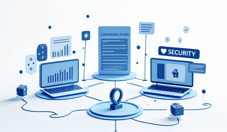 Abstract representation of data flowing into different functional areas like communication, analytics, and security