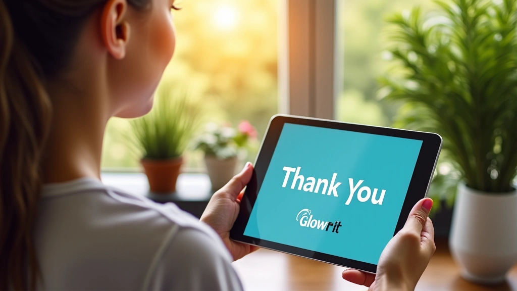 A person looking at a thank you message on a digital tablet, surrounded by natural, healthy elements like plants and sunlight, conveying peace and satisfaction.